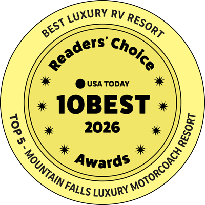 USA TODAY 10BEST 2026 Readers’ Choice Award badge recognizing Mountain Falls Luxury Motorcoach Resort as a Top 5 Best Luxury RV Resort.